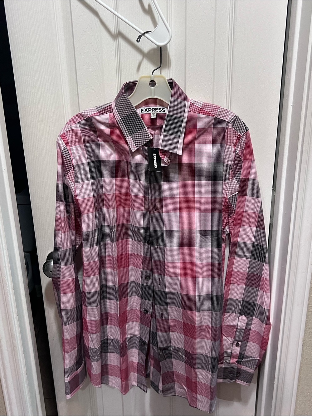 Express Men's Pink and Gray Plaid Button-Down Shirt